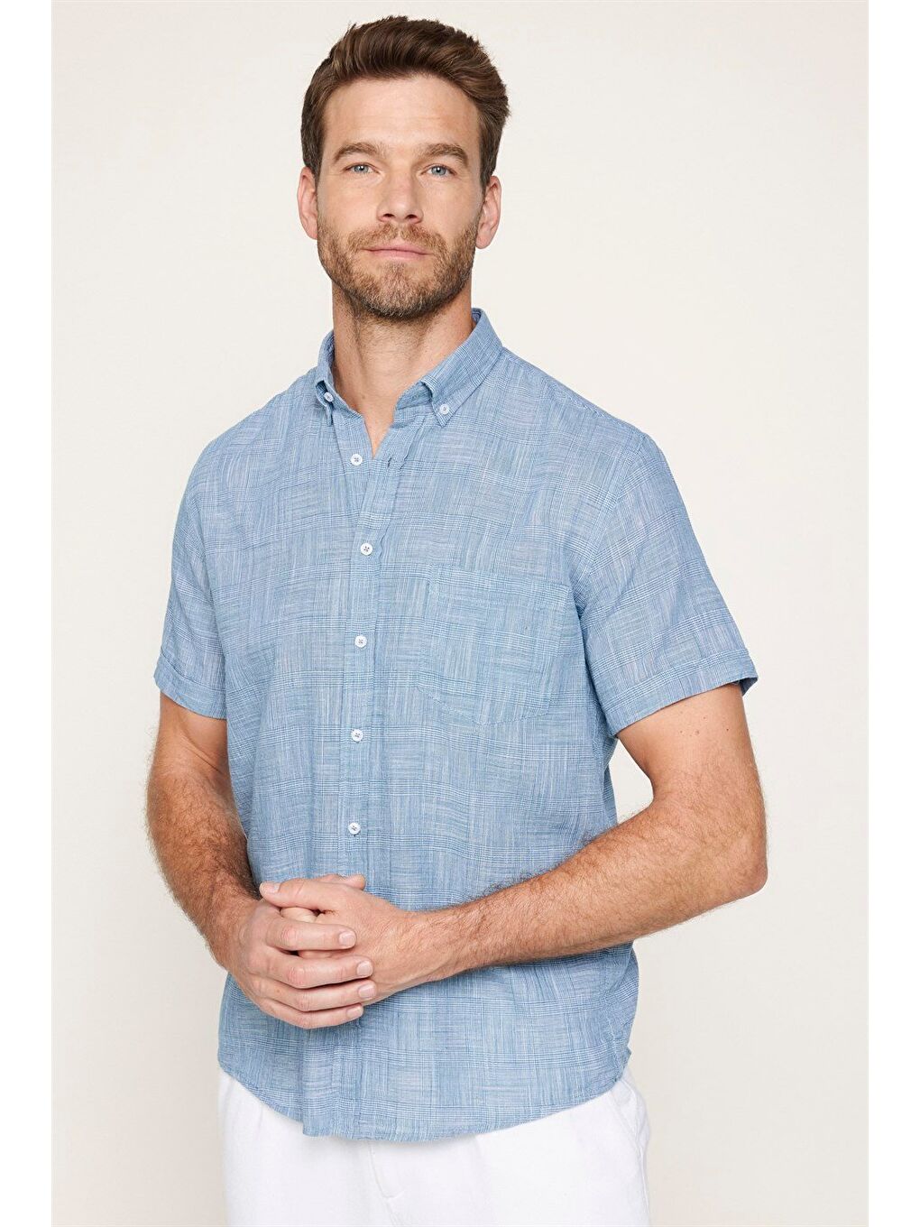 Erkek Regular Fit Klasik Kesim %100 Pamuk Keten Doku Kareli Düğmeli Yaka Yeşil Gömlek-2