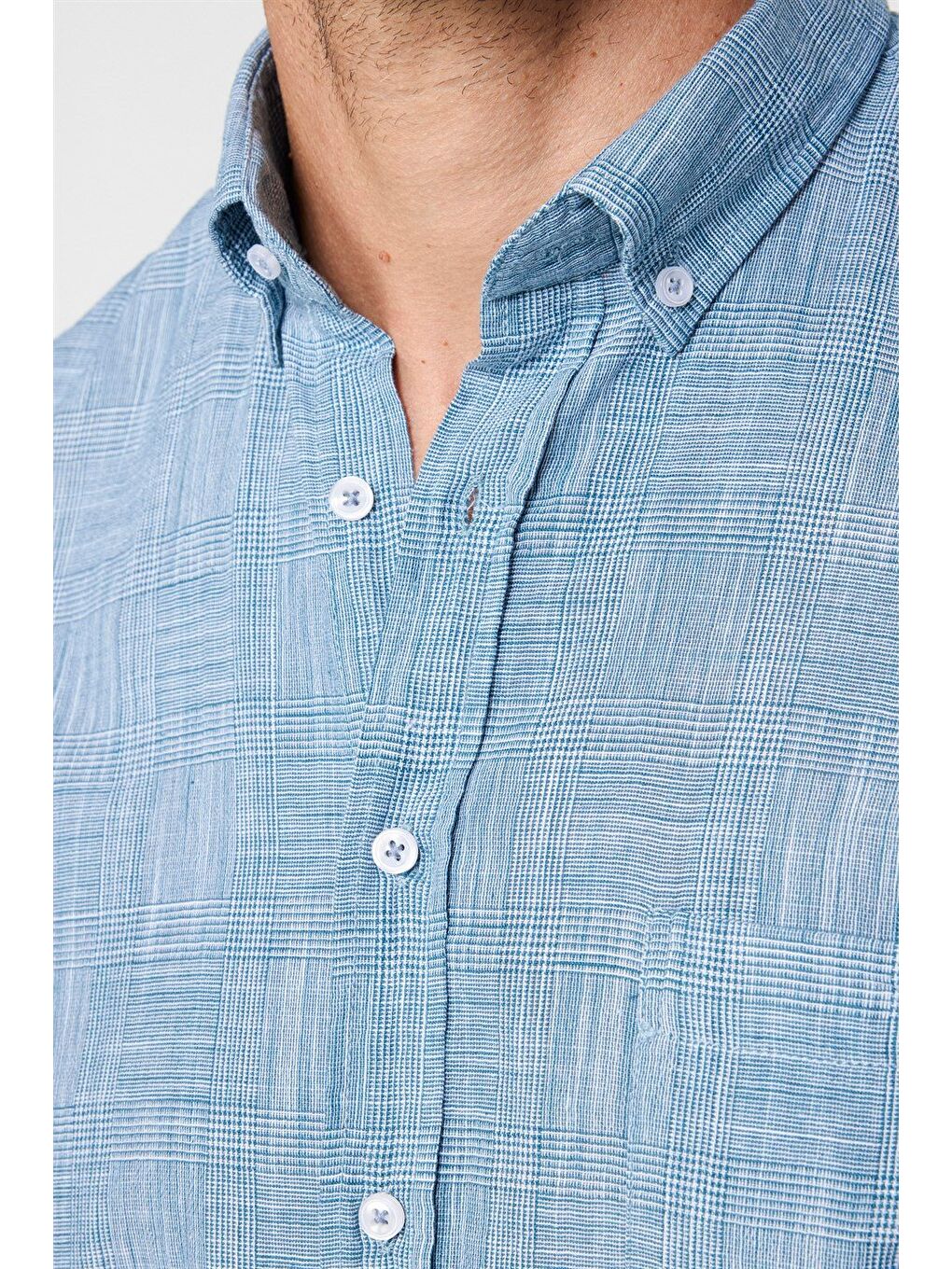 Erkek Regular Fit Klasik Kesim %100 Pamuk Keten Doku Kareli Düğmeli Yaka Yeşil Gömlek-3