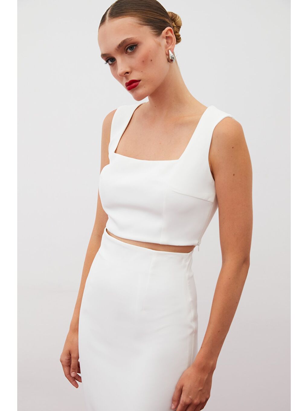 Kare Yaka Crop Bluz - Ekru