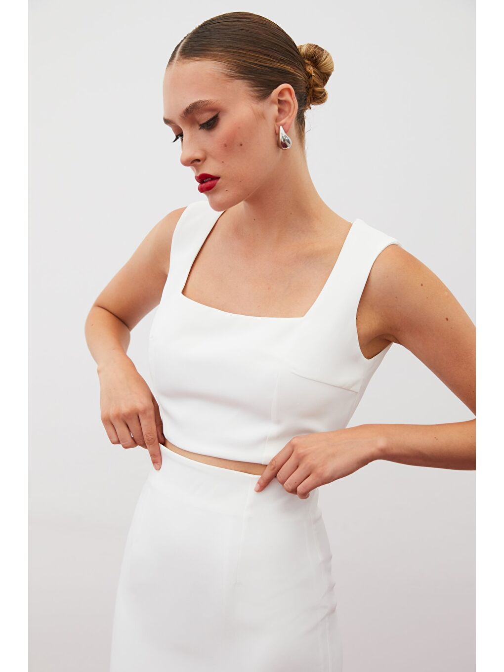 Kare Yaka Crop Bluz - Ekru-1