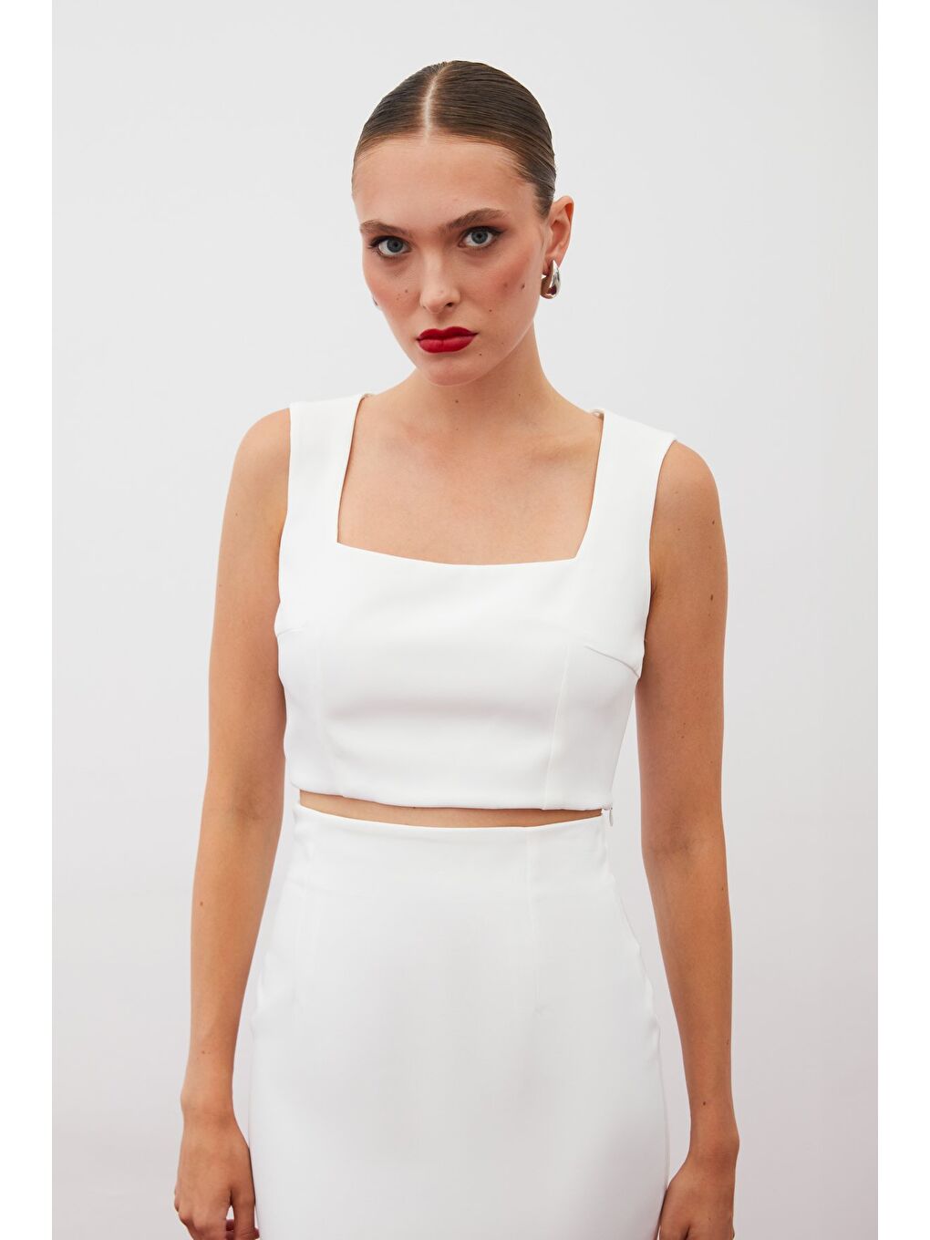 Kare Yaka Crop Bluz - Ekru-2