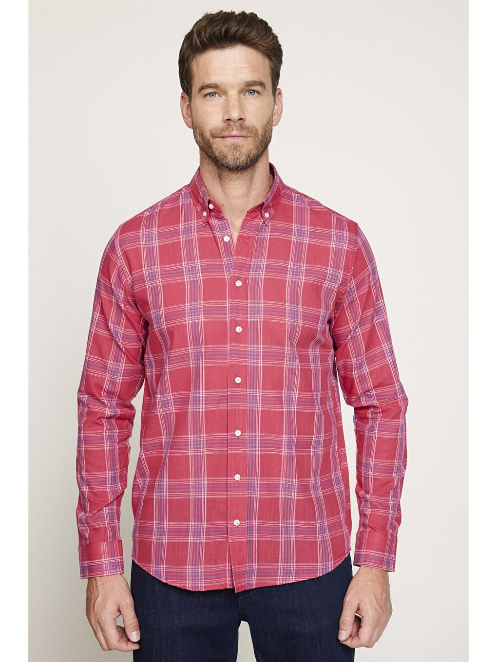 Erkek Regular Fit Klasik Kesim %100 Pamuk Keten Doku Ekoseli Düğmeli Yaka Bordo Gömlek-1