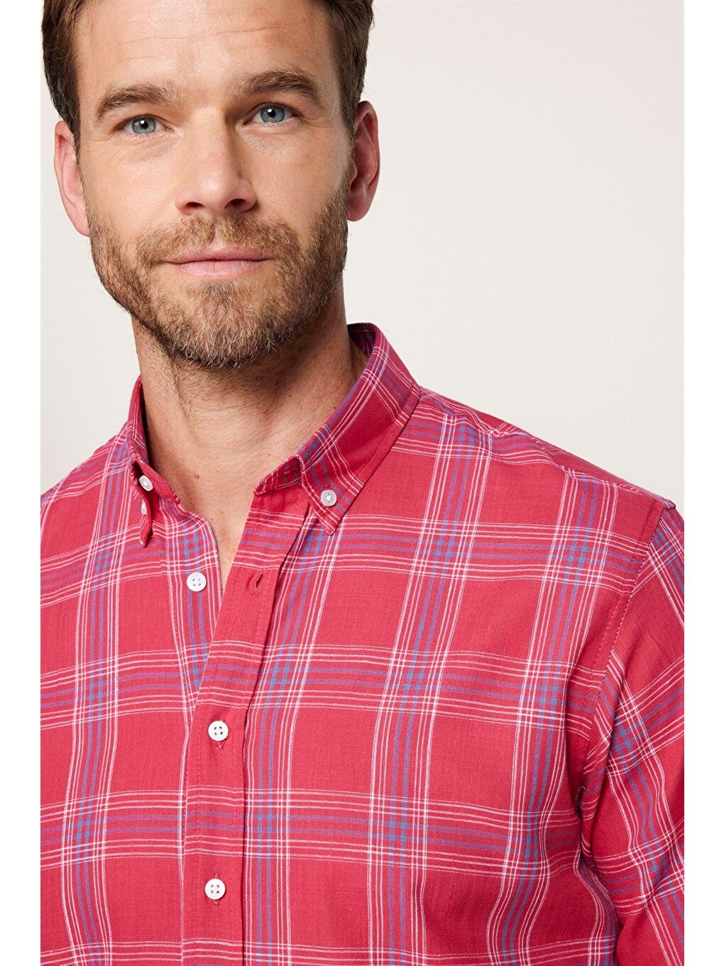 Erkek Regular Fit Klasik Kesim %100 Pamuk Keten Doku Ekoseli Düğmeli Yaka Bordo Gömlek-2