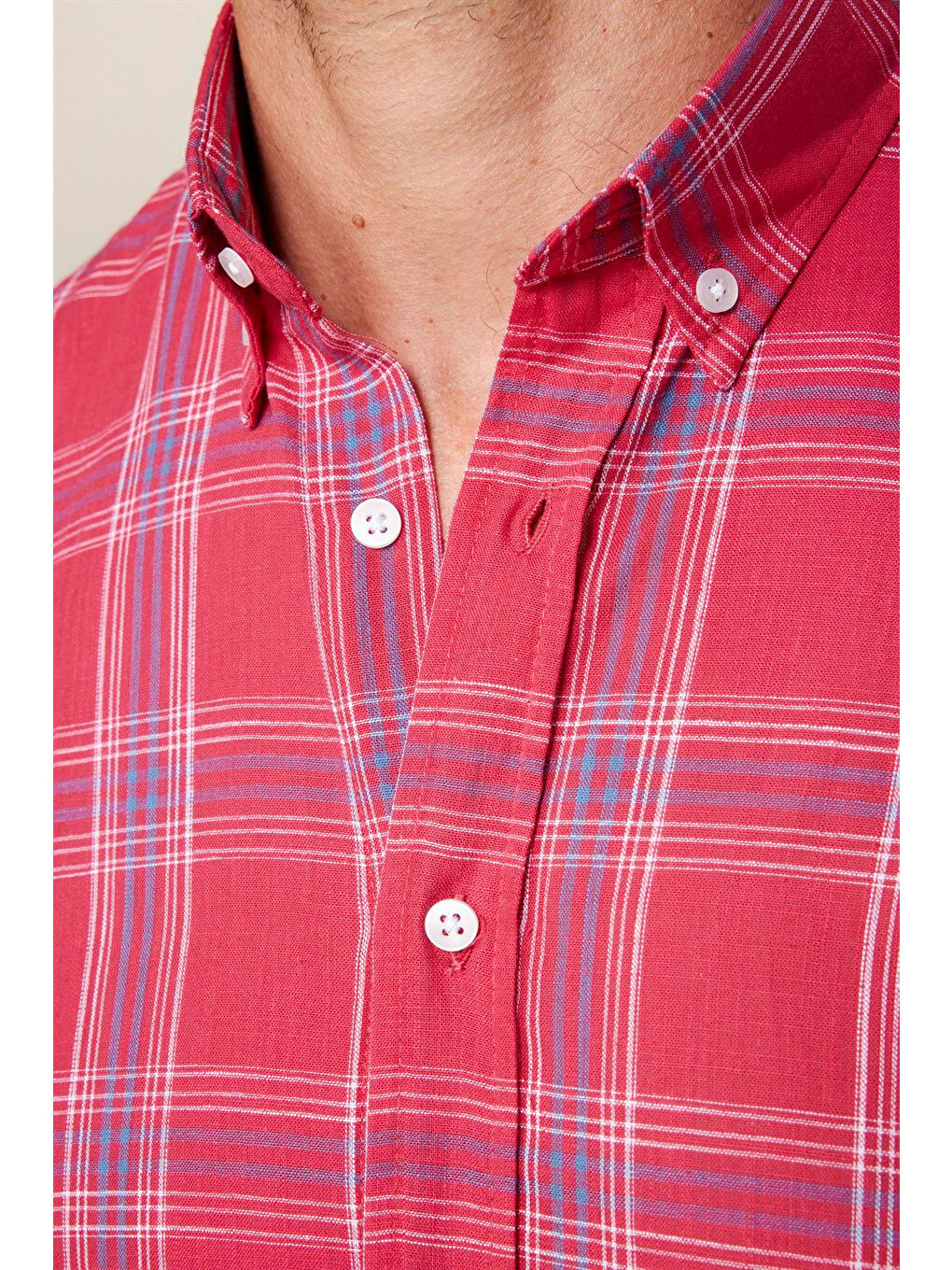 Erkek Regular Fit Klasik Kesim %100 Pamuk Keten Doku Ekoseli Düğmeli Yaka Bordo Gömlek-3