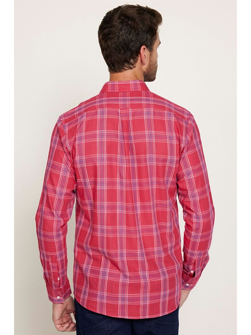 Erkek Regular Fit Klasik Kesim %100 Pamuk Keten Doku Ekoseli Düğmeli Yaka Bordo Gömlek-4