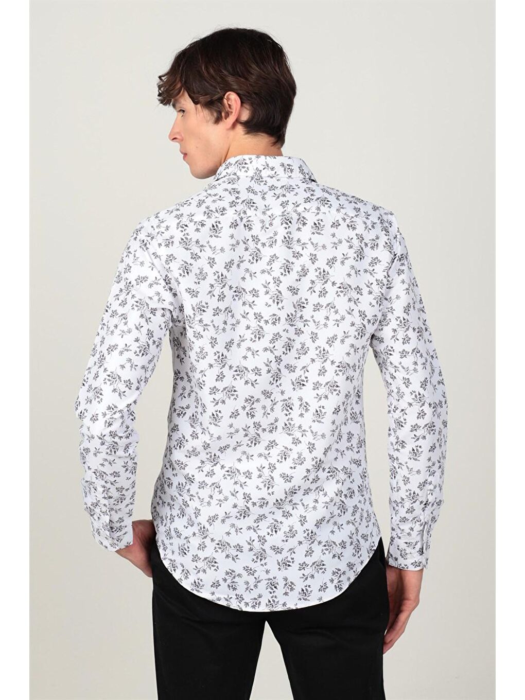 Beyaz Slim Fit Uzun Kol Baskılı Desenli Yaka Düğmeli Erkek Gömlek-3