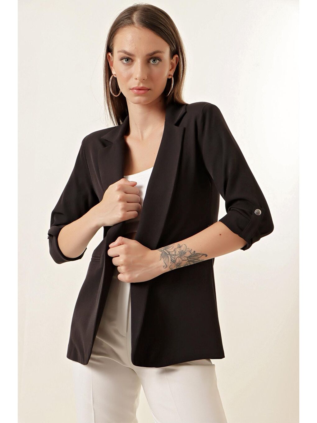 Kadın Siyah Kruvaze Yaka Blazer Ceket-1