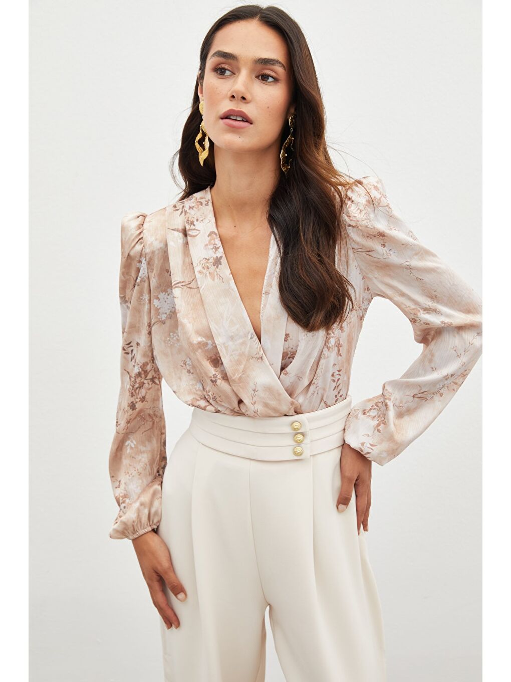 Kahverengi Çiçek Desenli Bodysuit Bluz - Camel