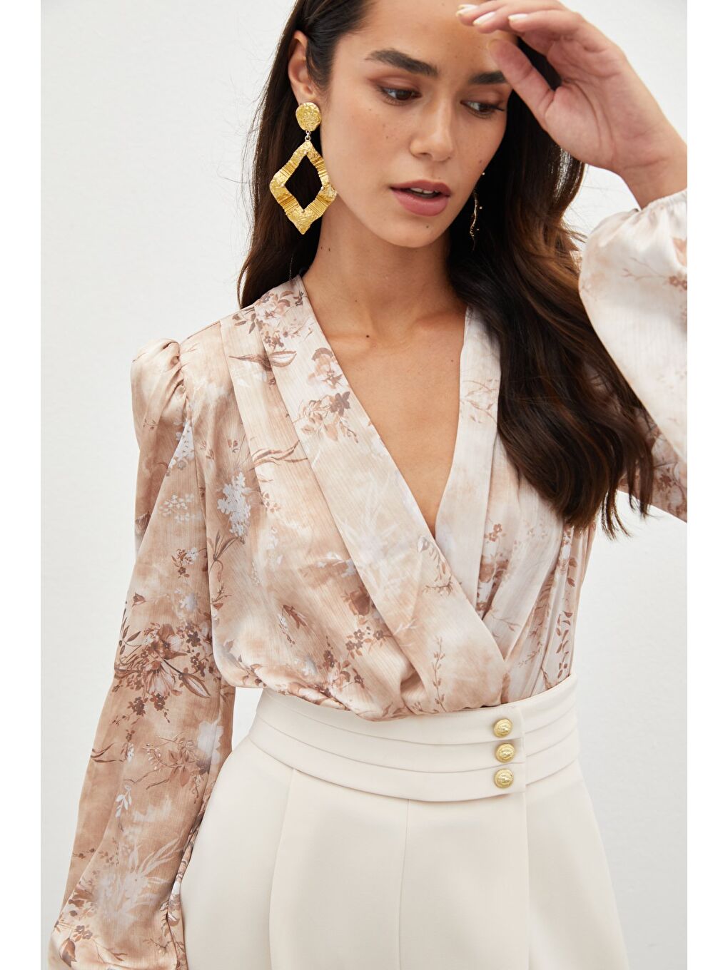 Kahverengi Çiçek Desenli Bodysuit Bluz - Camel-1