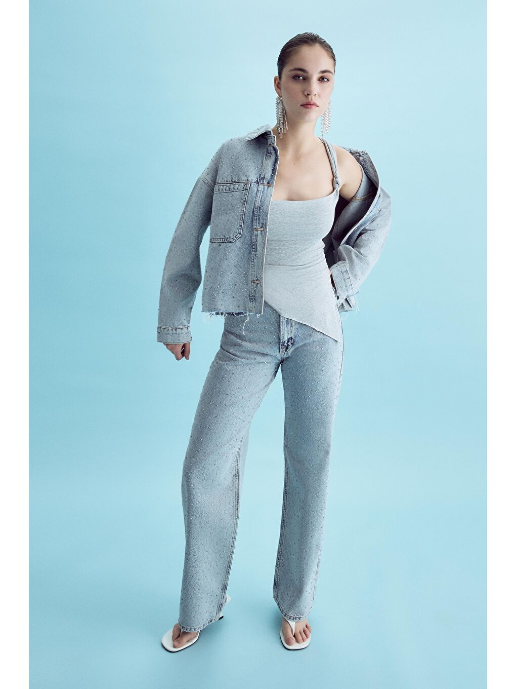 Mavi Kadın Jean Rengi 3S5-3 Straight Fit Yüksek Bel Parlak Taşlı Denim Jean