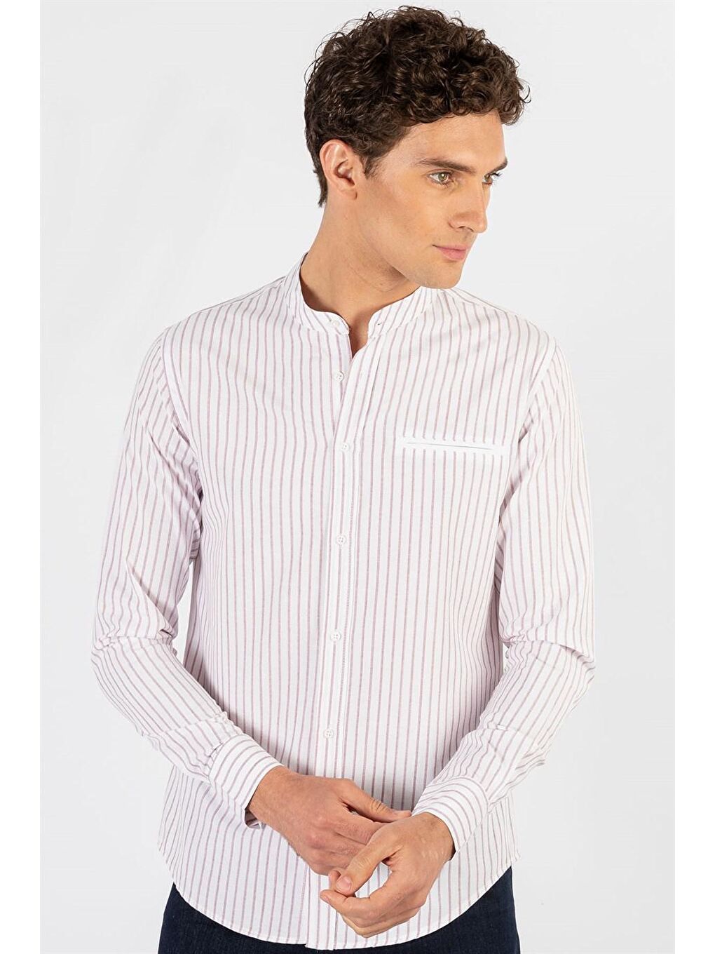 Slim Fit Hakim Yaka Pamuklu Kolay Ütü Çizgili Erkek Beyaz Gömlek-1