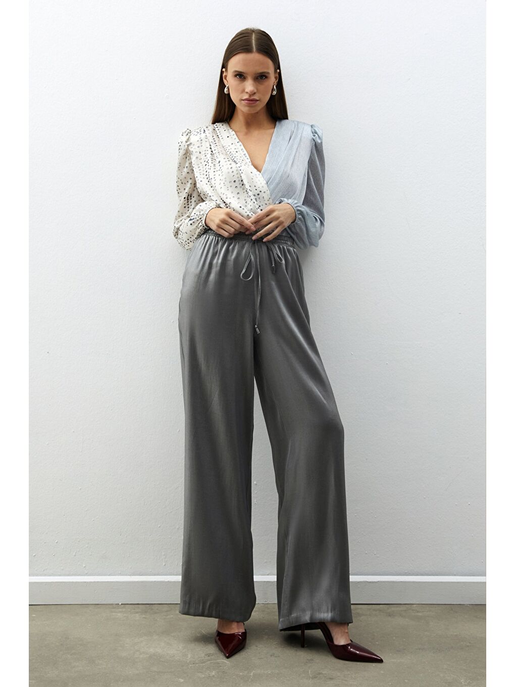 Çift Desenli Kruvaze Bluz - Gri-4