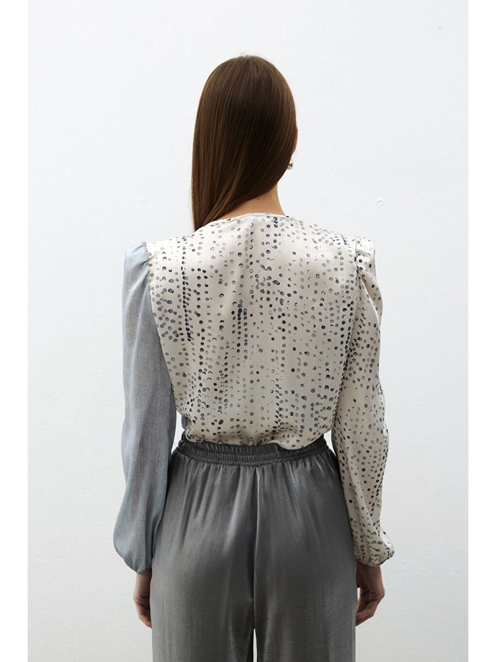 Çift Desenli Kruvaze Bluz - Gri-6