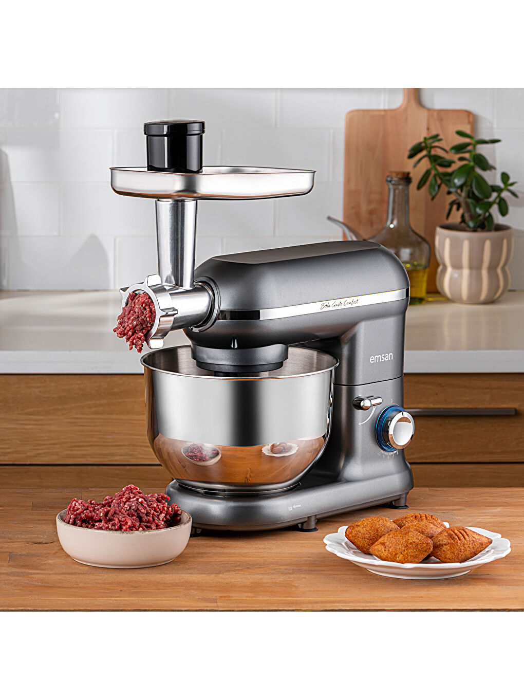 Bella Gusto Comfort Kıyma Çekme Aparatlı Hamur Yoğurma Makinesi Gri 1300W 5,5L-6