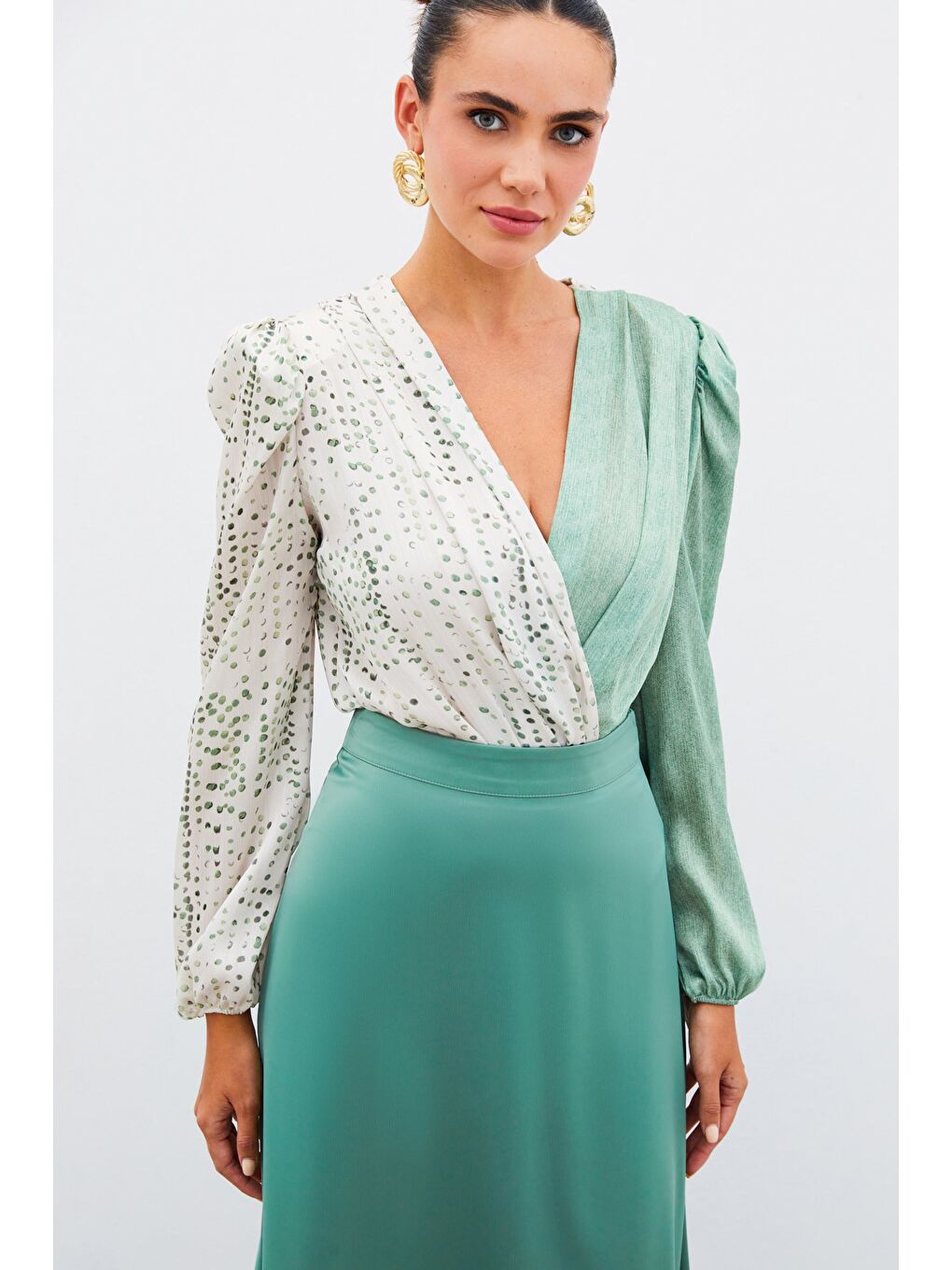 Çift Desenli Kruvaze Bluz - Çağla Yeşili-1
