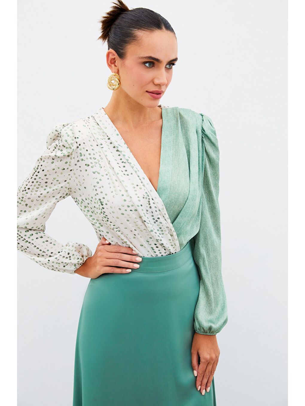 Çift Desenli Kruvaze Bluz - Çağla Yeşili-2