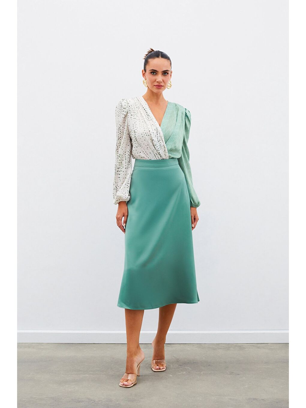 Çift Desenli Kruvaze Bluz - Çağla Yeşili-3