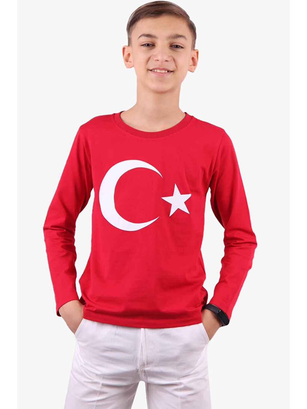 Türk Bayraklı Çocuk Uzun Kollu Tişört Beyaz-Kırmızı  (6-14 Yaş)