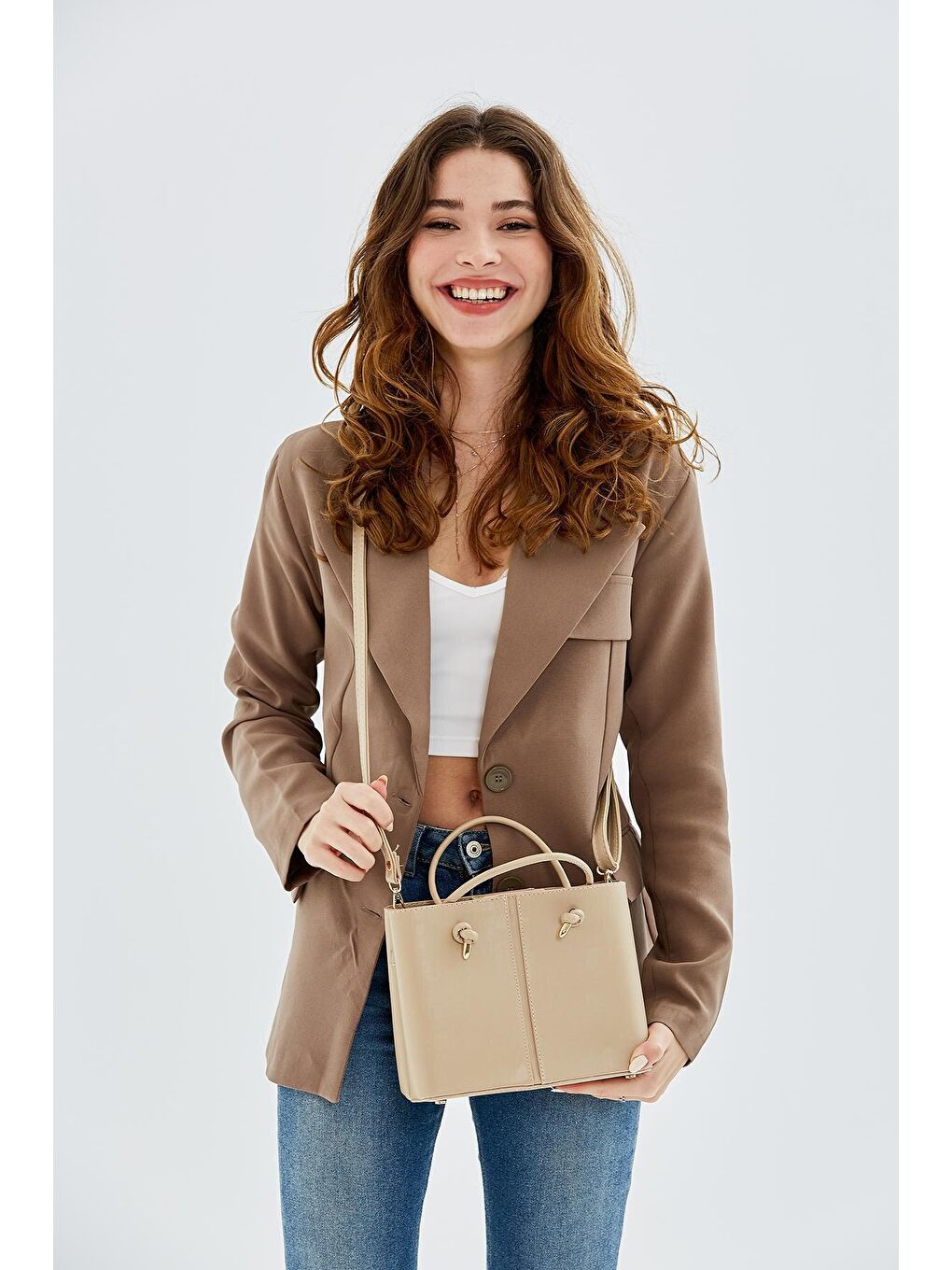 Bej Fermuarı İç Göz Detaylı Kadın Çanta