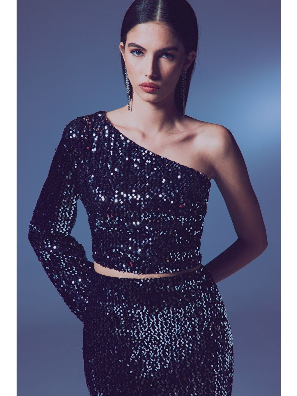 Gri Tek Kollu Crop Bluz - Gümüş-1