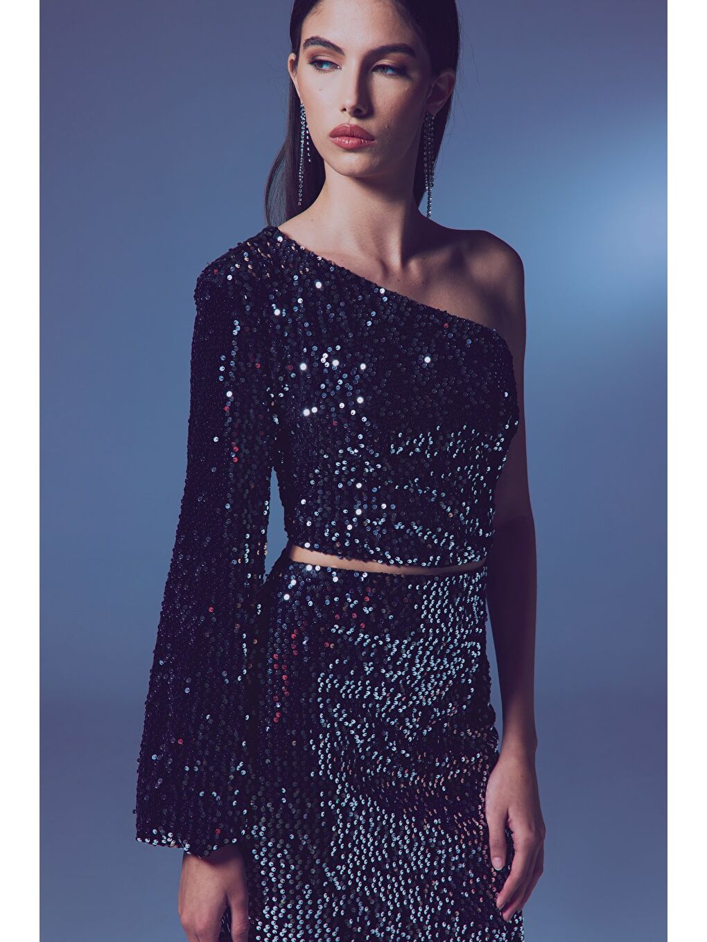 Gri Tek Kollu Crop Bluz - Gümüş-3