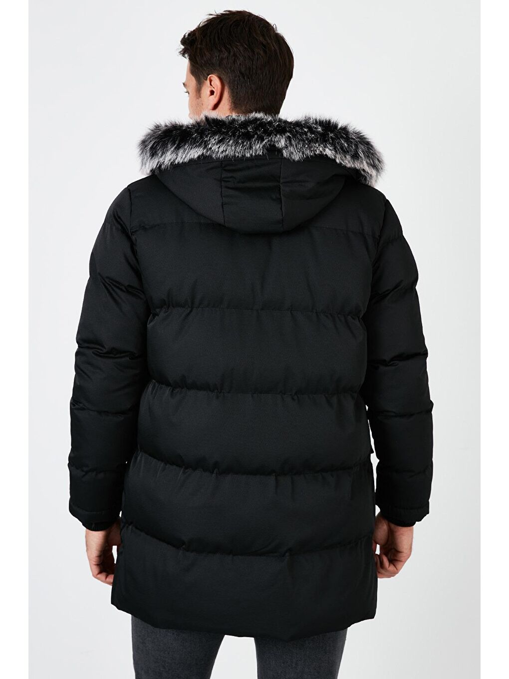 Siyah Yakası Suni Kürklü Çıkarılabilir Kapüşonlu Slim Fit Uzun Şişme Mont 5761050-3