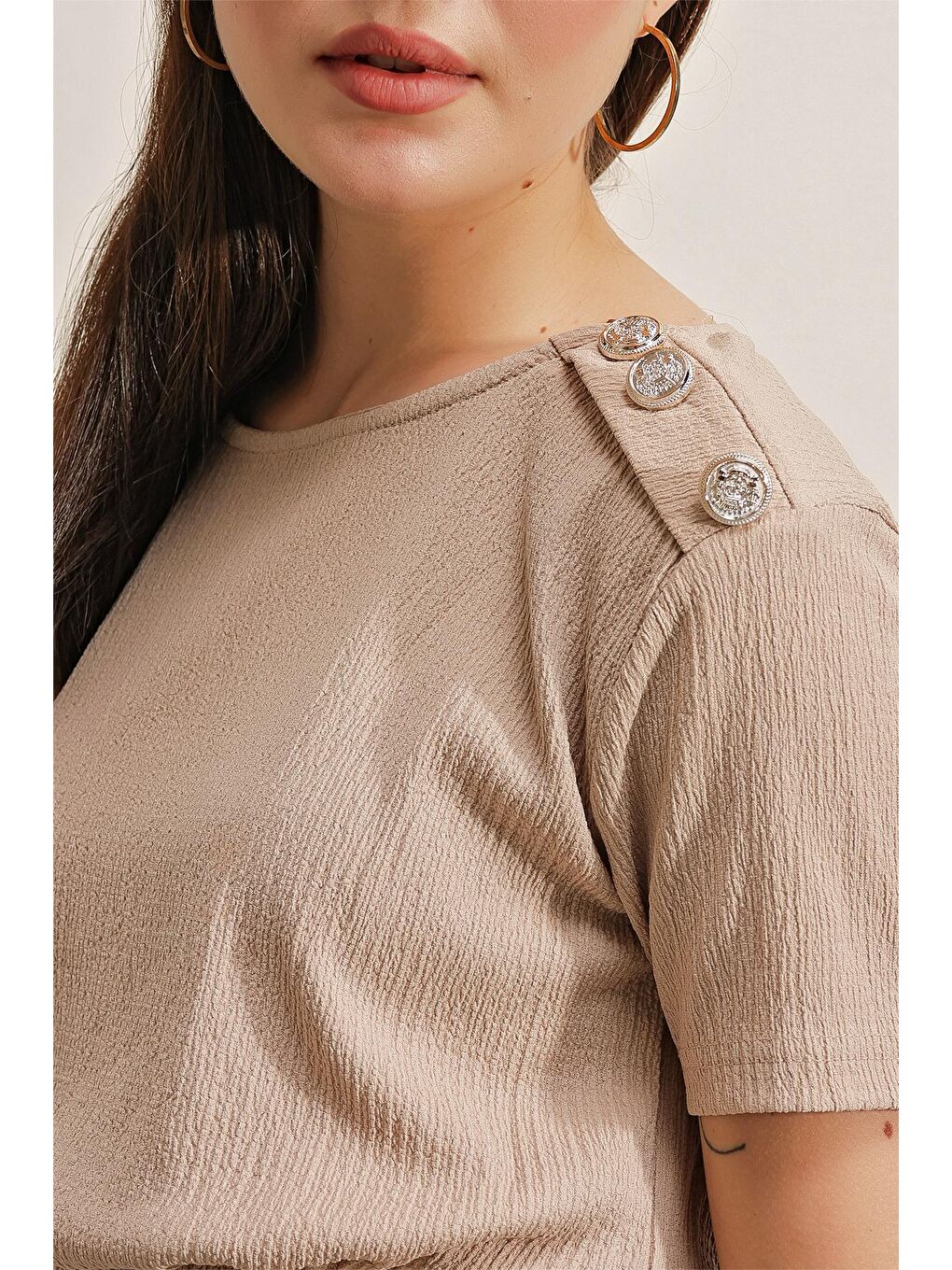 Bej 2375 Düğme Detaylı Örme Elbise - Bisküvi-3