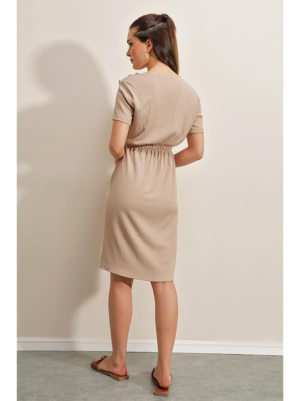 Bej 2375 Düğme Detaylı Örme Elbise - Bisküvi-4