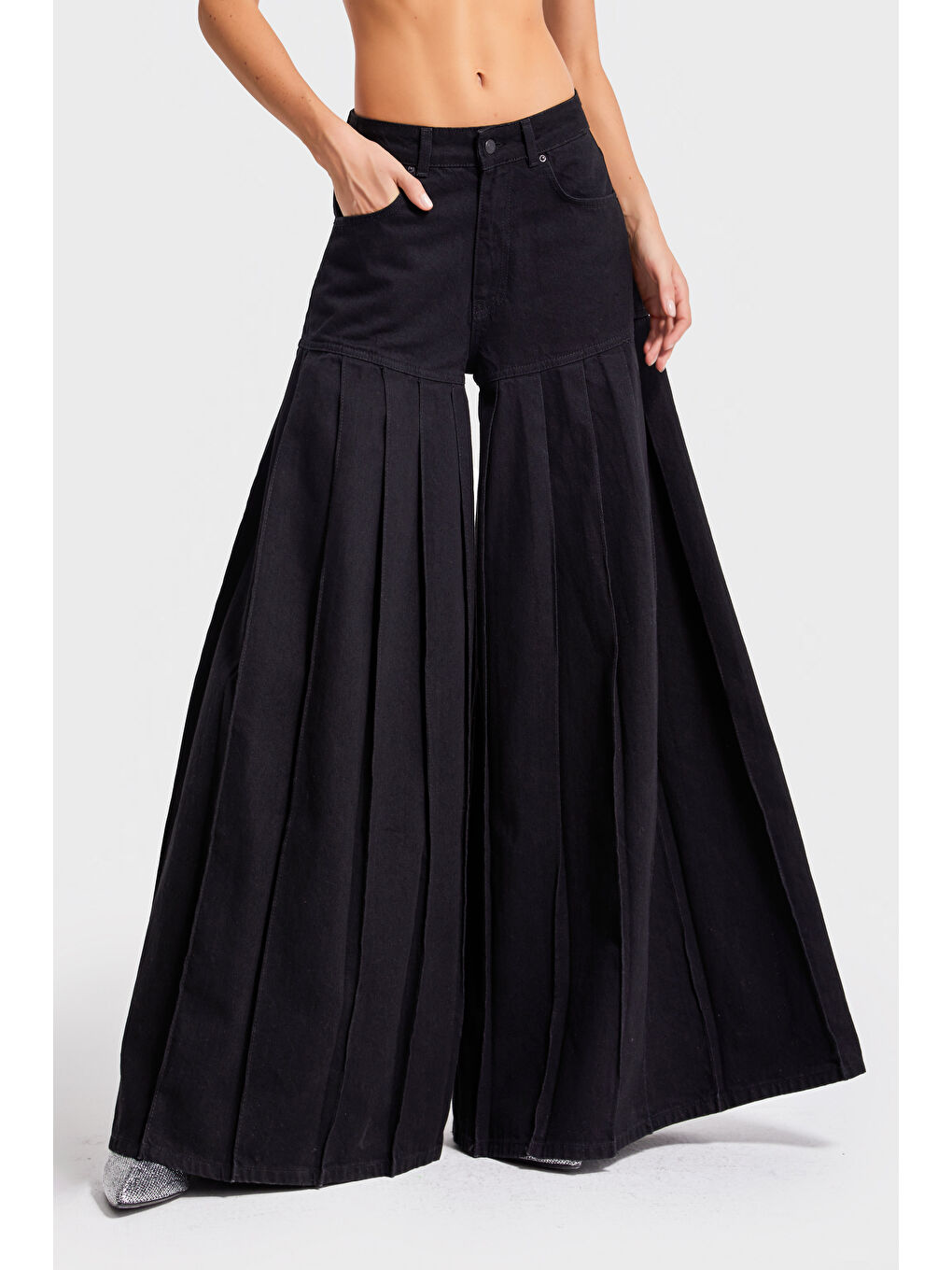 Kadın Siyah Renk 1w5-1 Elephant Leg Fit Süper Bol Kesim Özel Tasarım %100 Pamuk Denim Jean-2