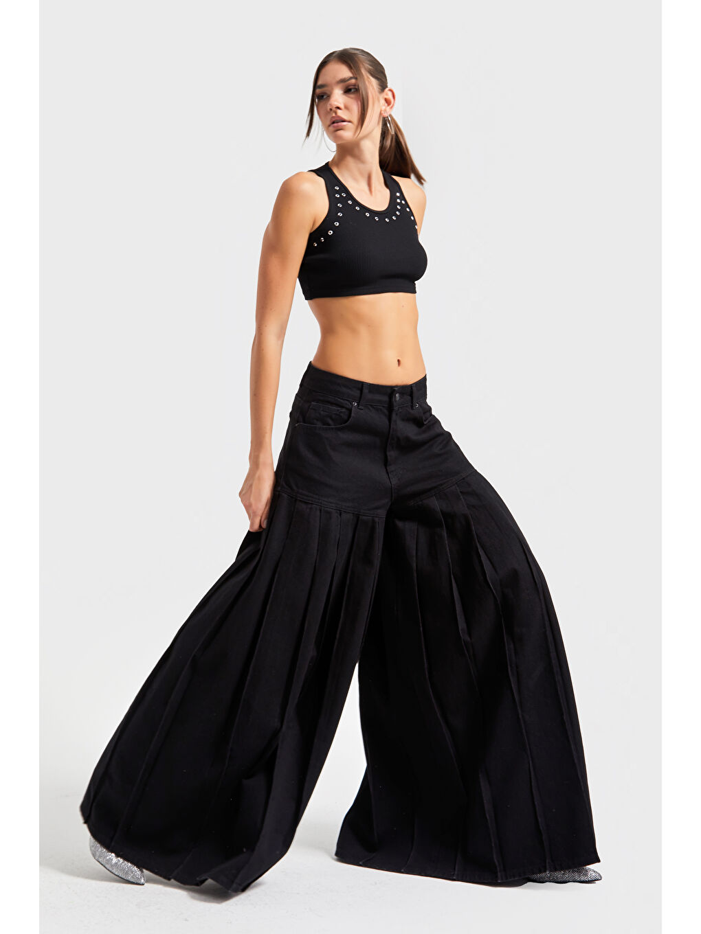 Kadın Siyah Renk 1w5-1 Elephant Leg Fit Süper Bol Kesim Özel Tasarım %100 Pamuk Denim Jean-3