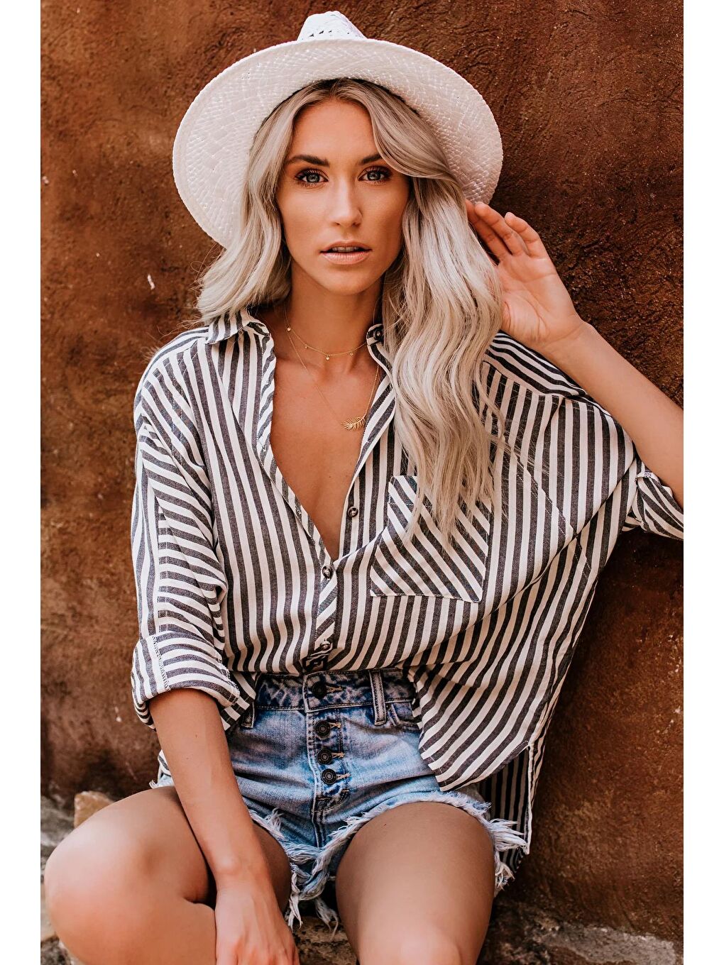 Siyah Çizgili Oversize Kadın Gömlek Mg1729