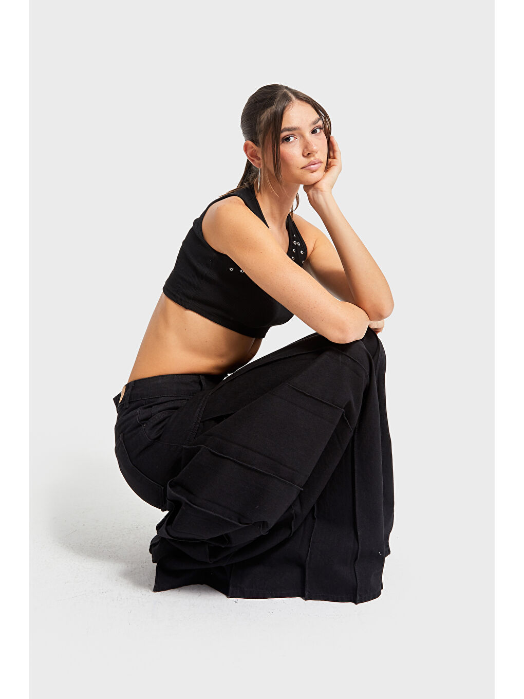 Kadın Siyah Renk 1w5-1 Elephant Leg Fit Süper Bol Kesim Özel Tasarım %100 Pamuk Denim Jean-4