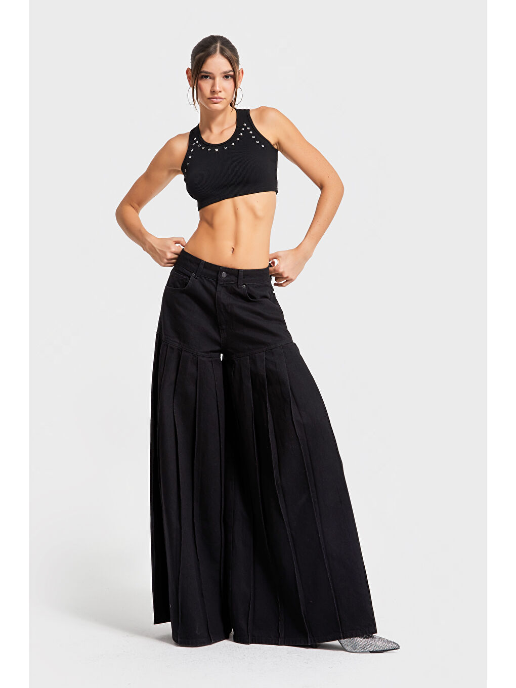 Kadın Siyah Renk 1w5-1 Elephant Leg Fit Süper Bol Kesim Özel Tasarım %100 Pamuk Denim Jean-5