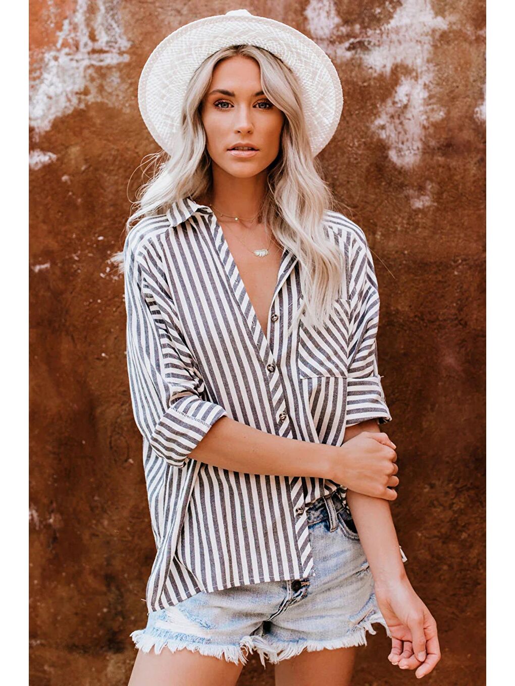 Siyah Çizgili Oversize Kadın Gömlek Mg1729-1