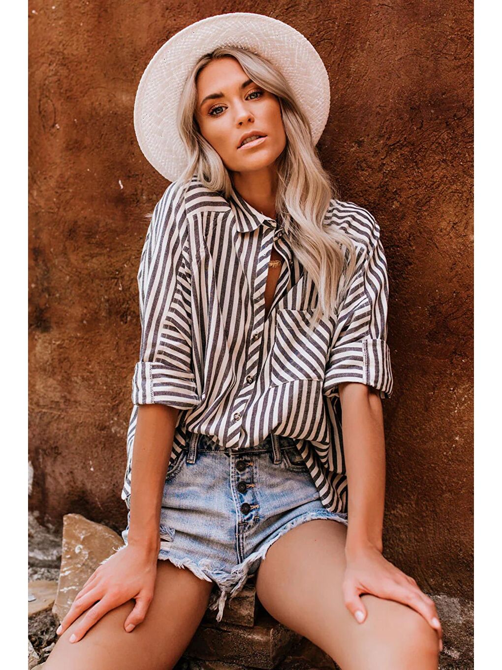 Siyah Çizgili Oversize Kadın Gömlek Mg1729-2