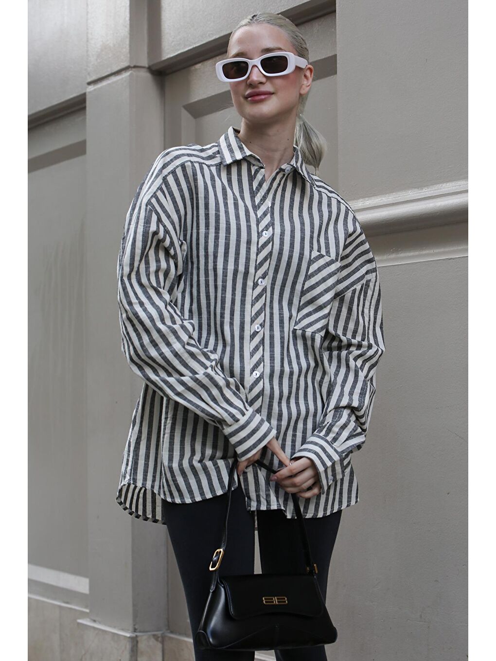 Siyah Çizgili Oversize Kadın Gömlek Mg1729-3