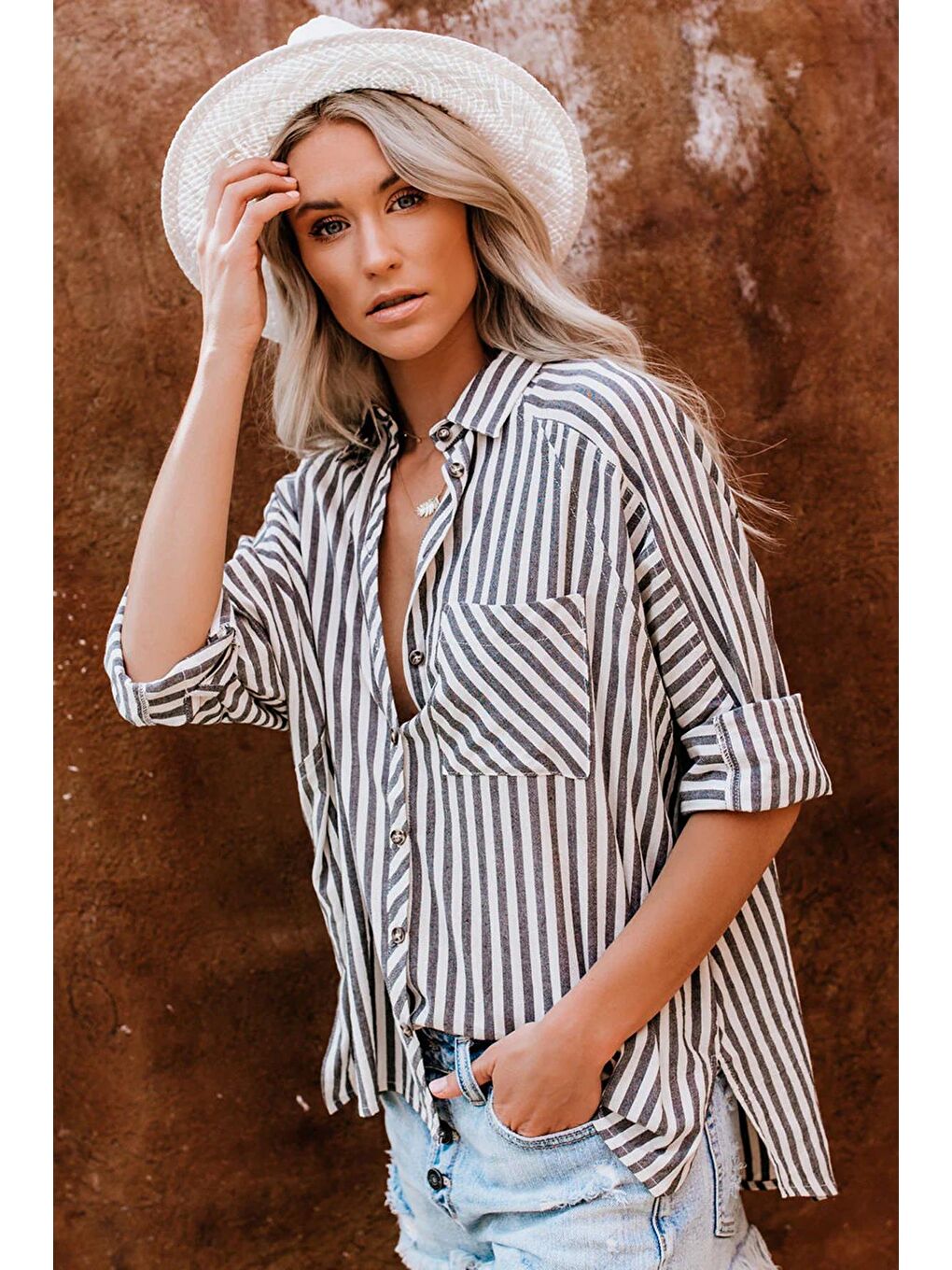 Siyah Çizgili Oversize Kadın Gömlek Mg1729-4