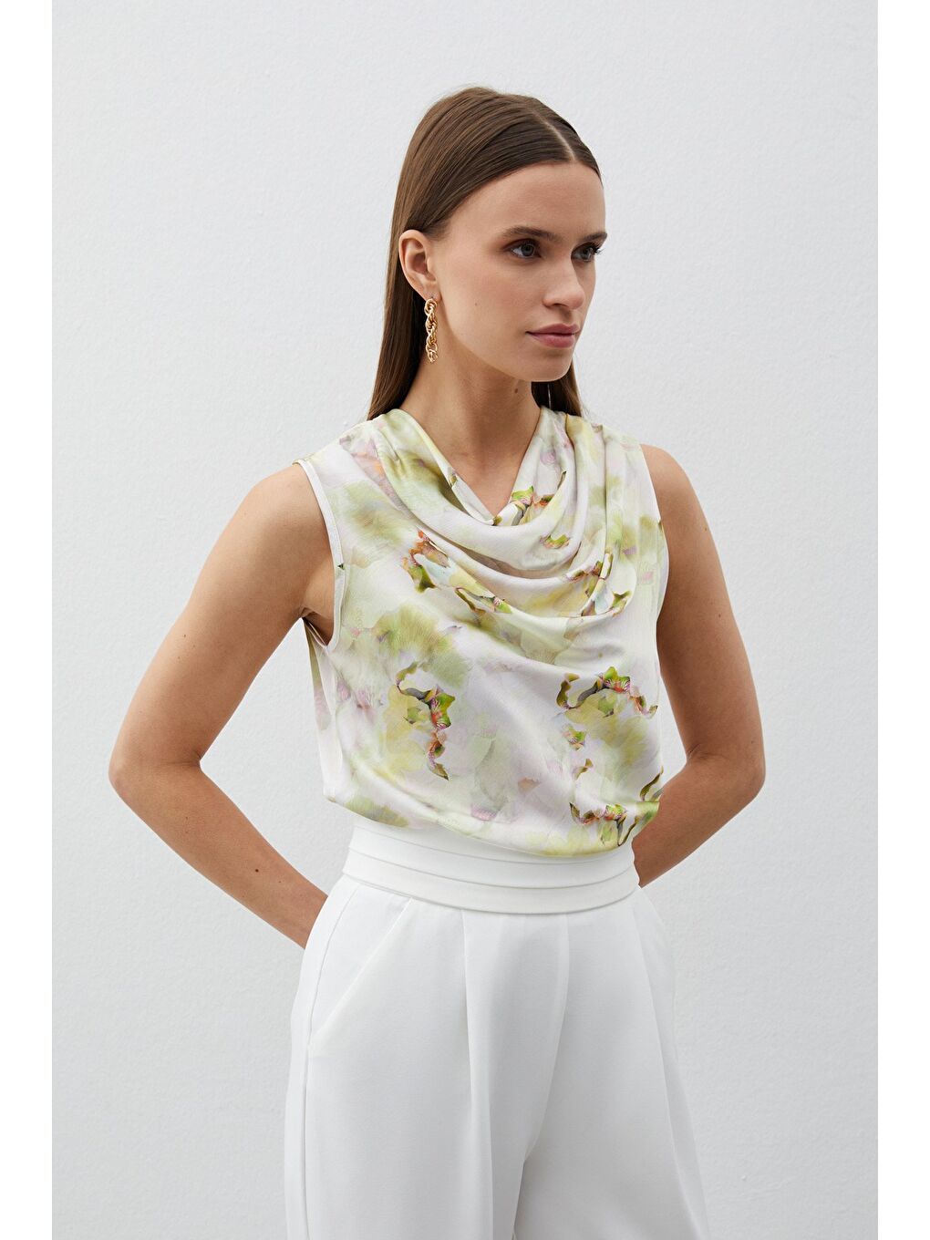 Degaje Yaka Desenli Bluz - Yağ Yeşili-4