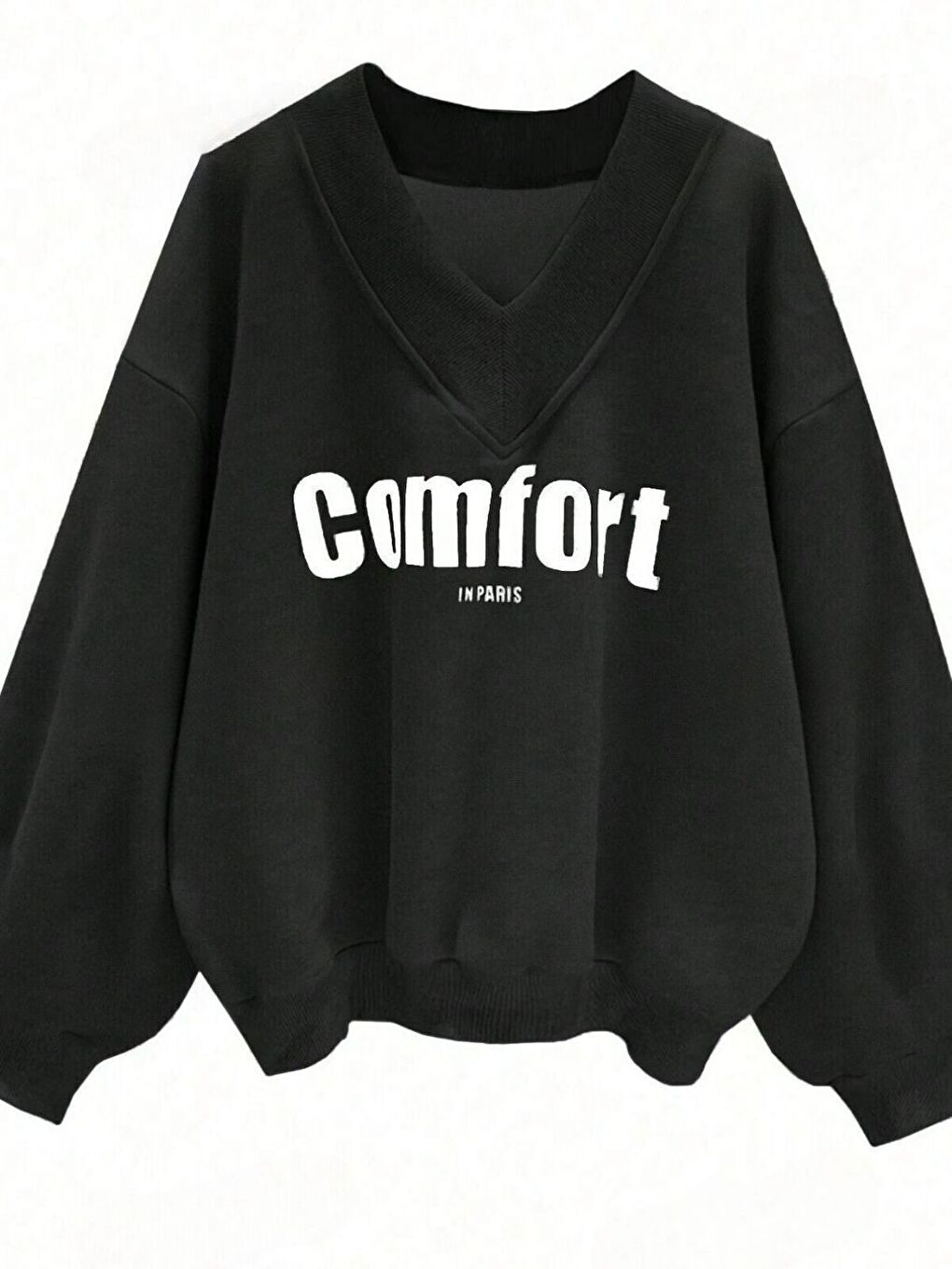 Trendseninle Karışık Kadın 3 Iplik Siyah Lightgri Kırmızı 3'lü Comfort In Paris Baskılı V Yaka Oversize Sweatshirt - 3