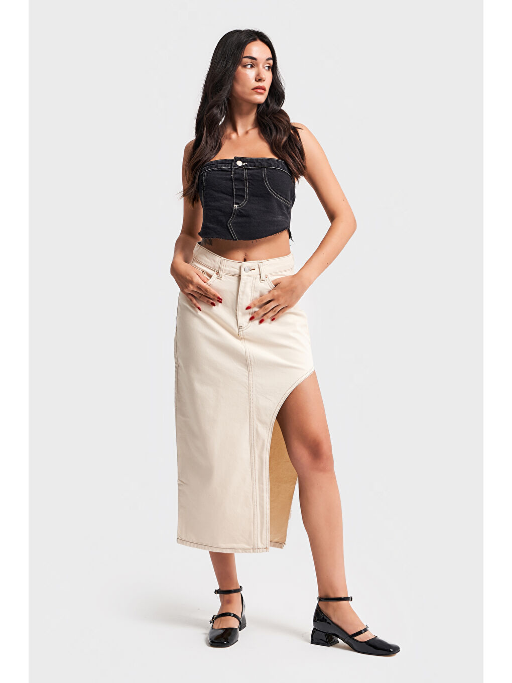 Bej Kadın Raw Organik Renk Rosa Yandan Derin Yırtmaç Detaylı Uzun Denim Etek