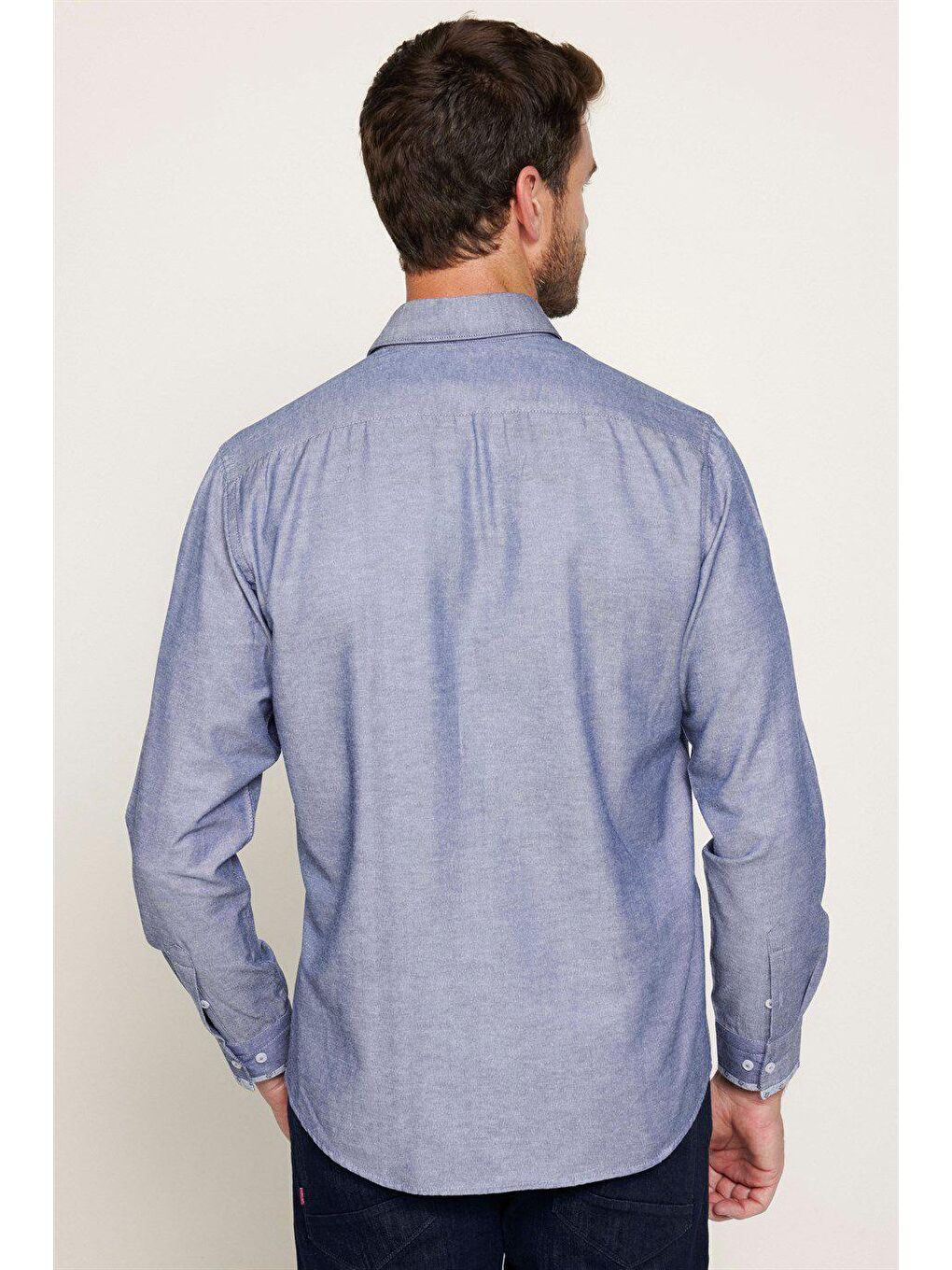 Erkek Regular Fit Klasik Kesim Pamuklu Oxford Doku Tek Cepli Lacivert Düğmeli Yaka Gömlek-4