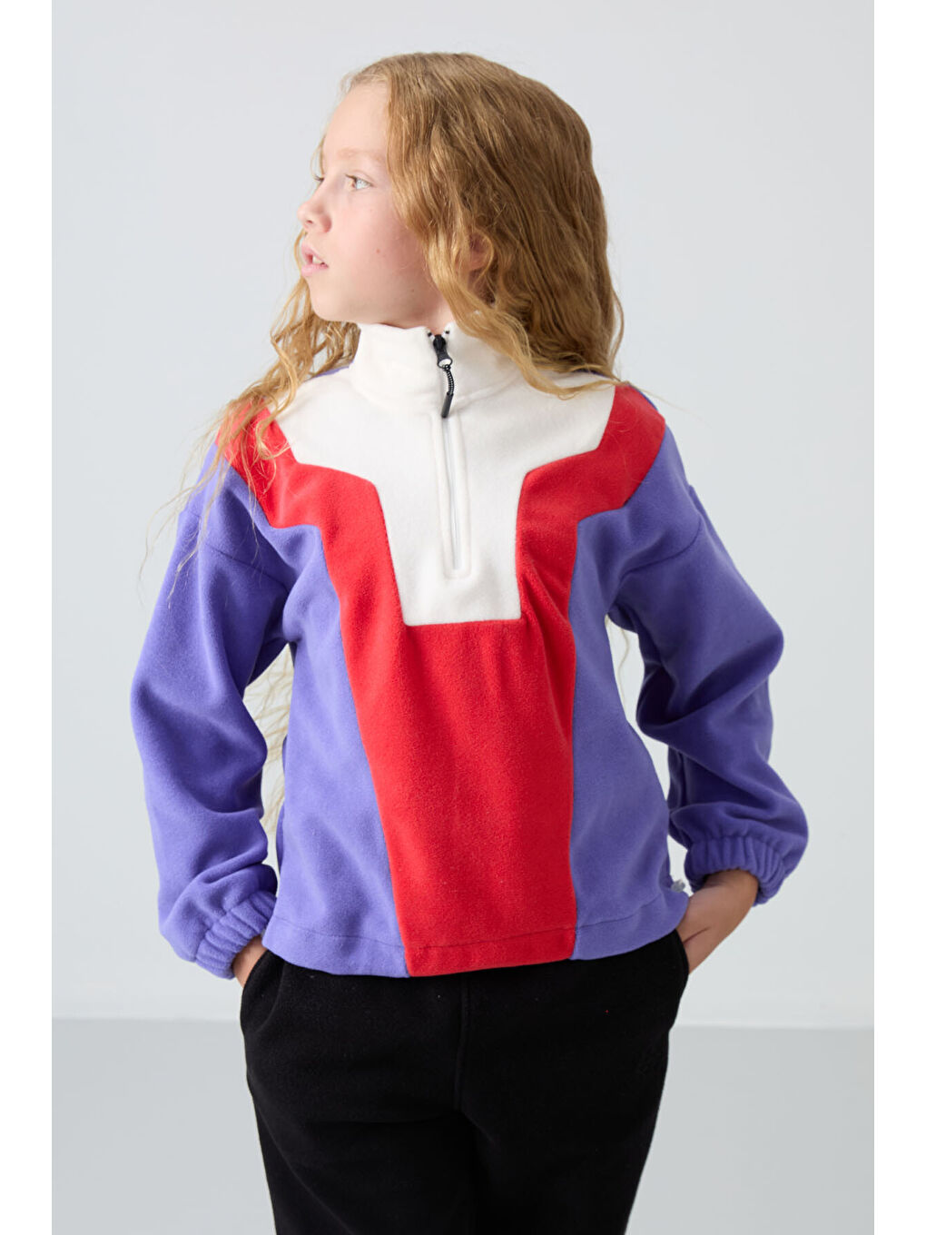 Mor Eflatun Kalın Yumuşak Dokulu Oversize Nakışlı Polar Kız Çocuk Sweatshirt - 75153-6