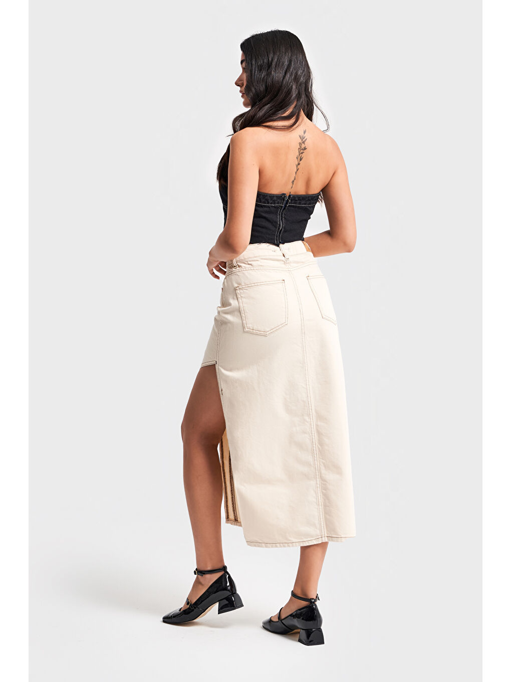 Bej Kadın Raw Organik Renk Rosa Yandan Derin Yırtmaç Detaylı Uzun Denim Etek-5