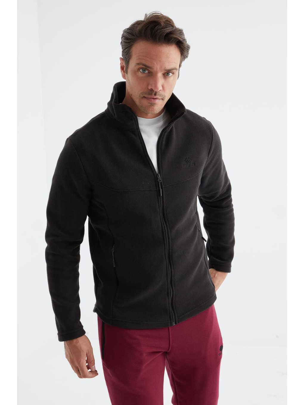 Siyah Dik Yaka Standart Kalıp Erkek Fermuarlı Sweatshirt Hırka Polar - 88134