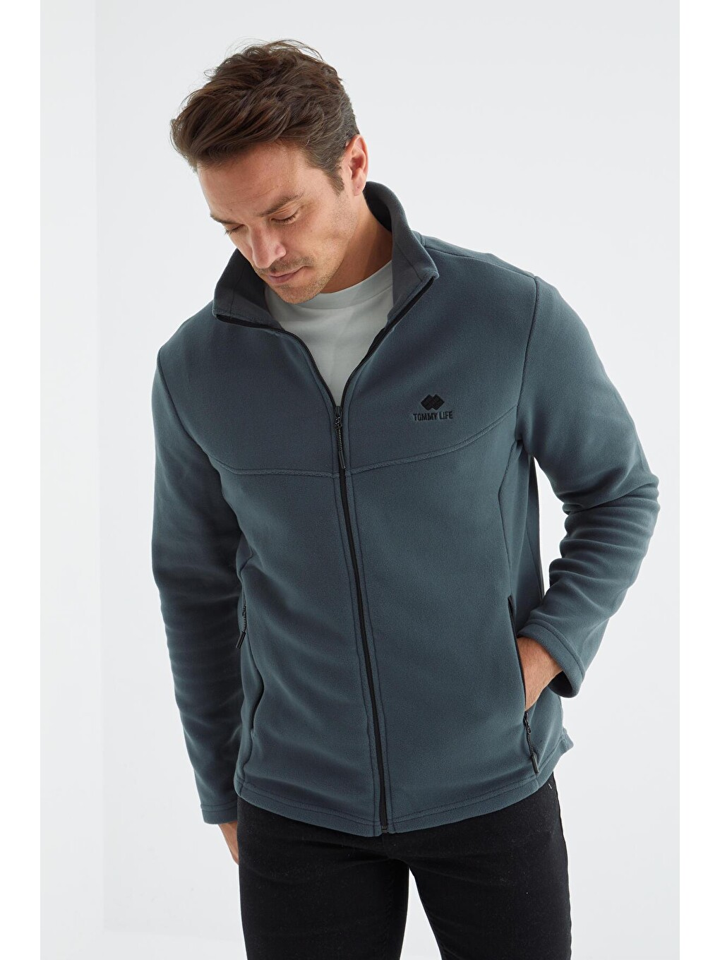 Orman Yeşili Dik Yaka Standart Kalıp Erkek Fermuarlı Sweatshirt Hırka Polar - 88134
