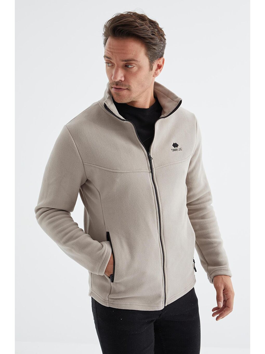 Koyu Bej  Dik Yaka Standart Kalıp  Erkek Fermuarlı Sweatshirt Hırka Polar - 88134