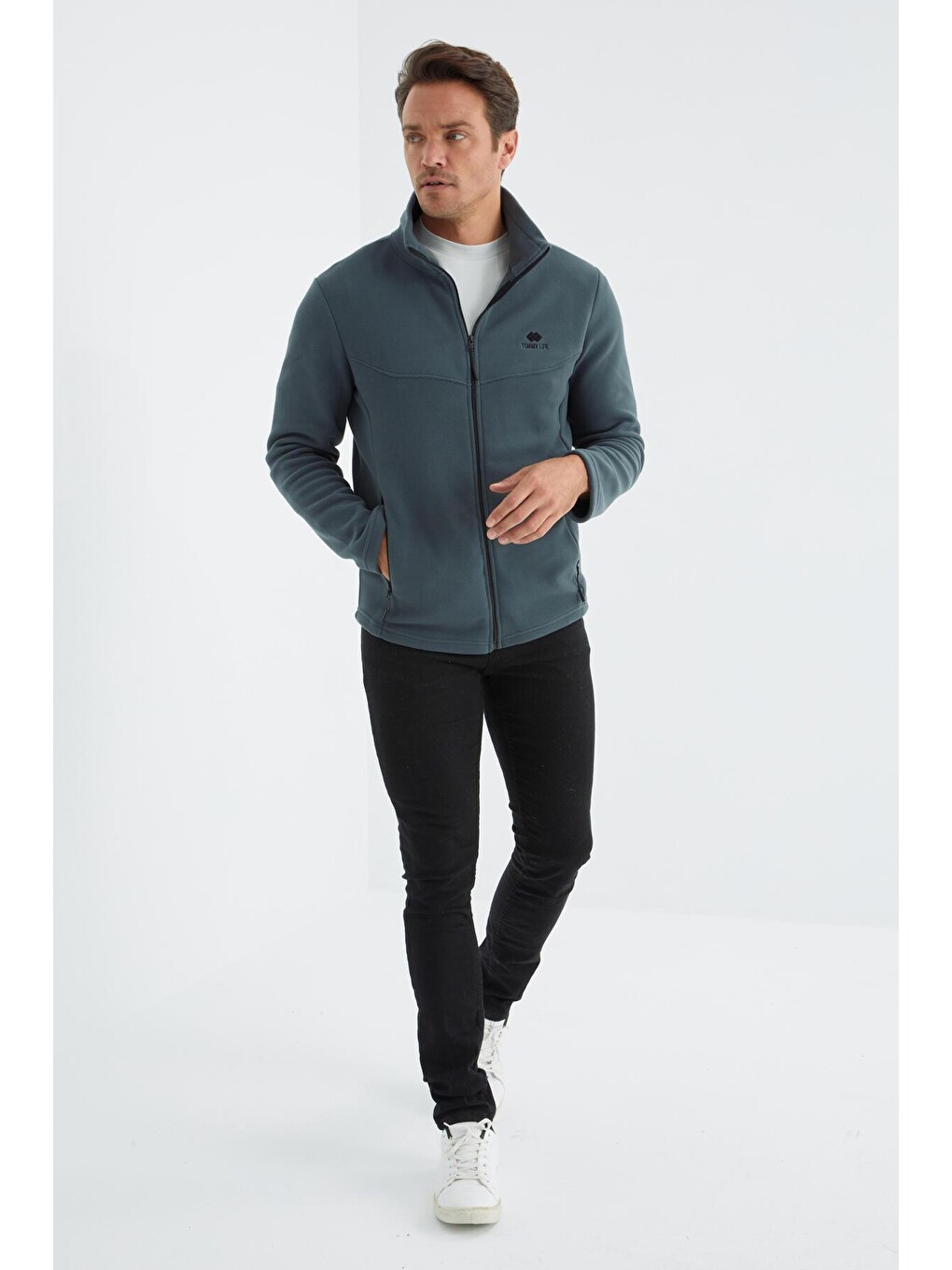 Orman Yeşili Dik Yaka Standart Kalıp Erkek Fermuarlı Sweatshirt Hırka Polar - 88134-1