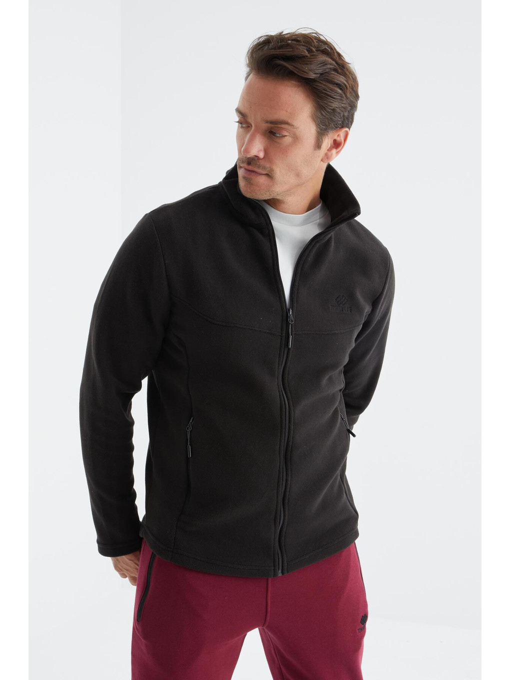 Siyah Dik Yaka Standart Kalıp Erkek Fermuarlı Sweatshirt Hırka Polar - 88134-2