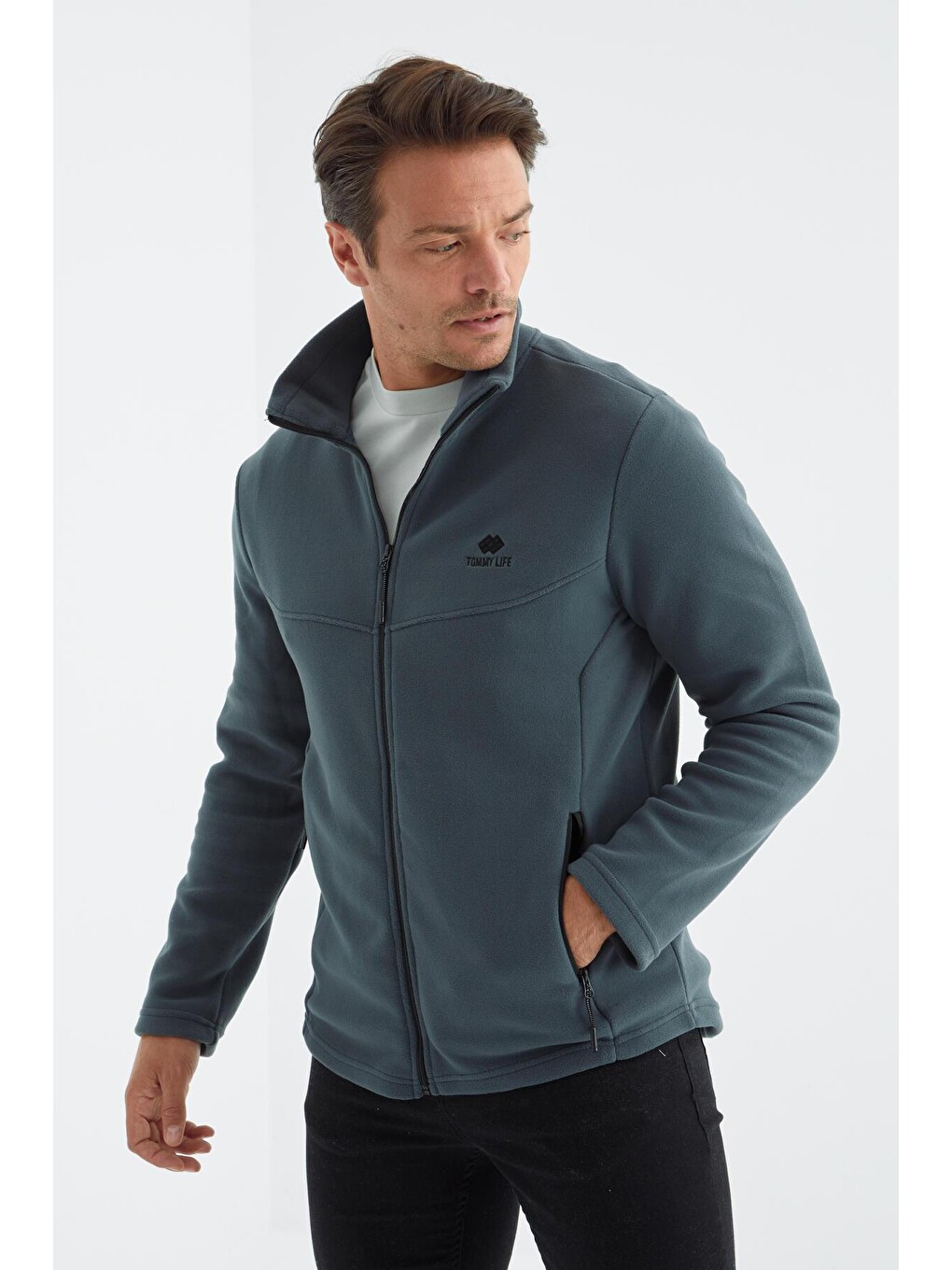 Orman Yeşili Dik Yaka Standart Kalıp Erkek Fermuarlı Sweatshirt Hırka Polar - 88134-2