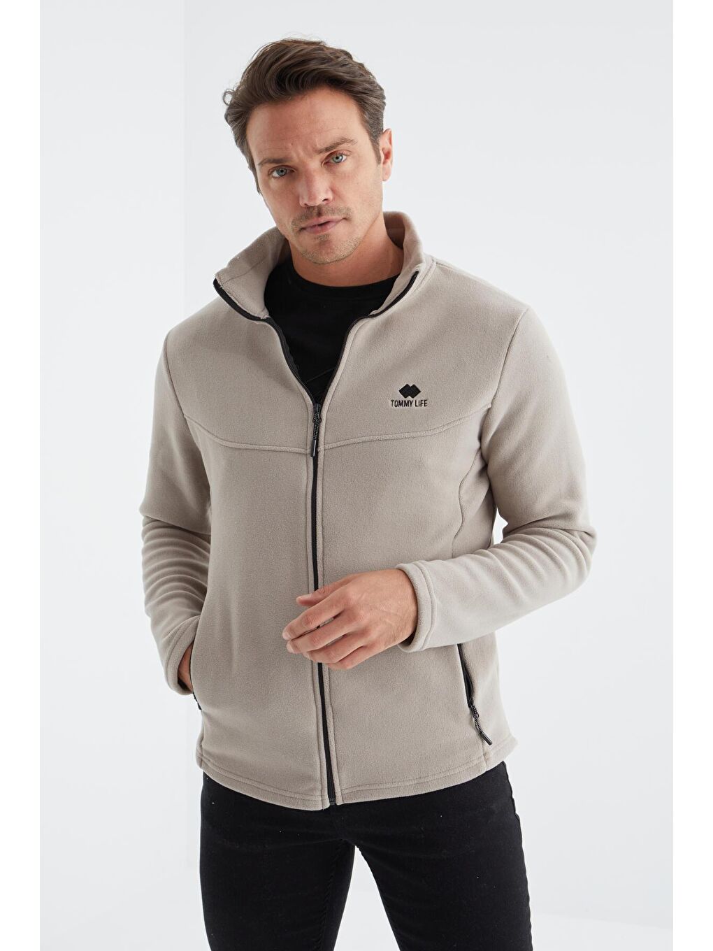 Koyu Bej  Dik Yaka Standart Kalıp  Erkek Fermuarlı Sweatshirt Hırka Polar - 88134-2